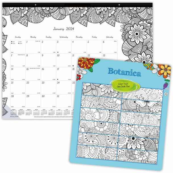 Blueline DoodlePlan Desk Pad - Botanica - Julian - Monthly - January 2022 till December 2022 - 1 Month Single Page Layout - Desk Pad - White - Chipboard - Eyelet, Tear-off, Compact, Reinforced - 22" x 17"