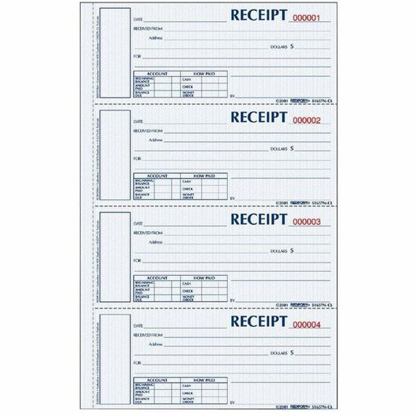 Rediform Hardbound Numbered Money Receipt Books - 200 Sheet(s) - 3 PartCarbonless Copy - 2.75" x 6.87" Form Size - 8" x 11" Sheet Size - White, Canary, Pink - Red Print Color - 1 Each
