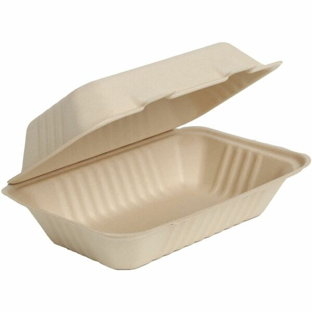 BluTable 27 oz Portable Clamshell Containers - Food - Natural - Molded Fiber, Sugarcane Fiber Body - 250 / Carton
