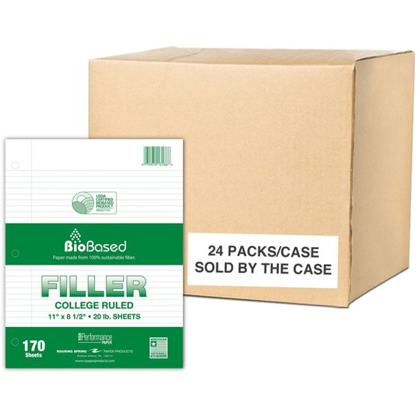 Roaring Spring BioBased Filler Paper - 170 Sheets - 340 Pages - Printed - Spiral Bound - Both Side Ruling Surface - Red Margin - 3 Hole(s) - 20 lb Basis Weight - 75 g/m&#178; Grammage - 11" x 8 1/2" - 0.70" x 8.5" x 11" - White Paper - 24 / Carton