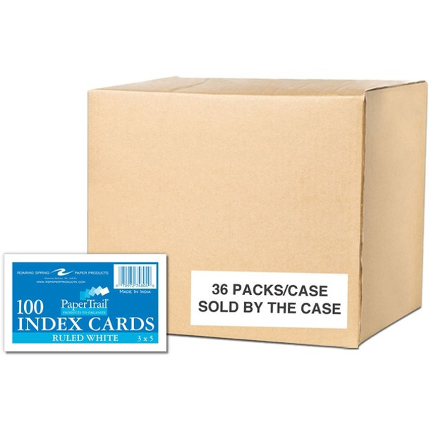Roaring Spring PaperTrail Ruled Index Cards - 100 Sheets - 200 Pages - Printed - Front Ruling Surface - 43 lb Basis Weight - 160 g/m&#178; Grammage - 5" x 3" - 0.75" x 5" x 3" - White Paper - 3600 / Carton