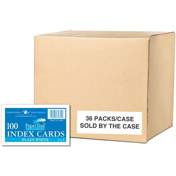 Roaring Spring PaperTrail Unruled Index Cards - 100 Sheets - 200 Pages - Plain - 43 lb Basis Weight - 160 g/m&#178; Grammage - 5" x 3" - 0.75" x 5" x 3" - White Paper - 3600 / Carton