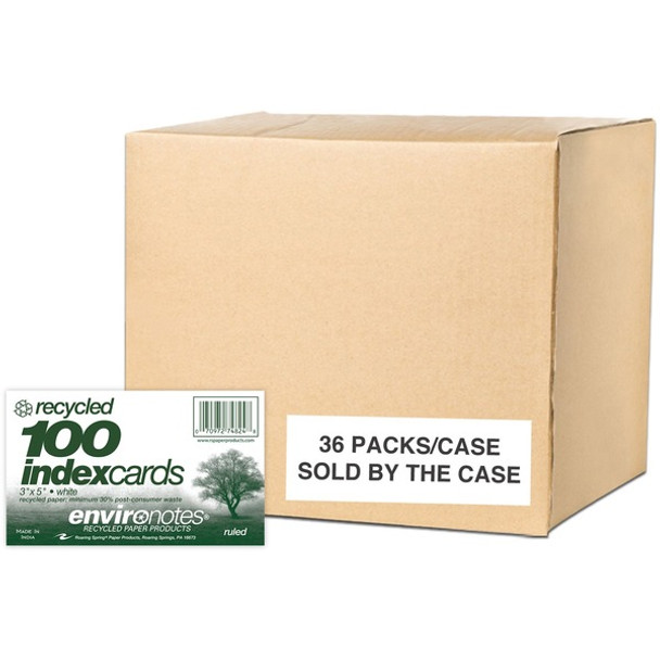 Roaring Spring EnviroNotes Index Cards - 100 Sheets - 200 Pages - Printed - Front Ruling Surface - 43 lb Basis Weight - 160 g/m&#178; Grammage - 5" x 3" - 0.75" x 5" x 3" - White Paper - Recycled - 36 / Carton