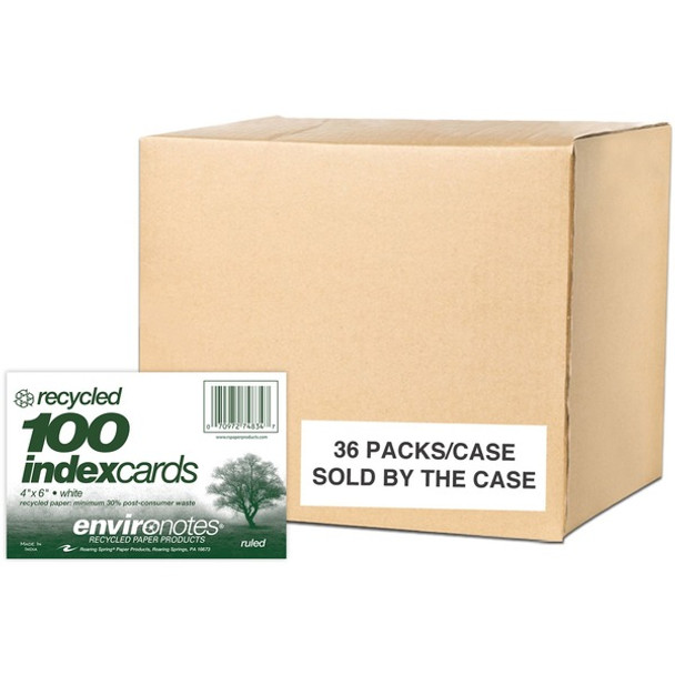 Roaring Spring EnviroNotes Index Cards - 100 Sheets - 200 Pages - Printed - Front Ruling Surface - 43 lb Basis Weight - 160 g/m&#178; Grammage - 6" x 4" - 0.75" x 6" x 4" - White Paper - Recycled - 36 / Carton