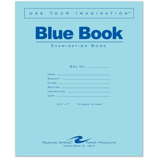 Roaring Spring Blue Book 8-sheet Exam Booklet - 8 Sheets - Stapled - Ruled Margin - 15 lb Basis Weight - 7" x 8 1/2" - White Paper - Blue Cover - Dual Sided - 1 Each