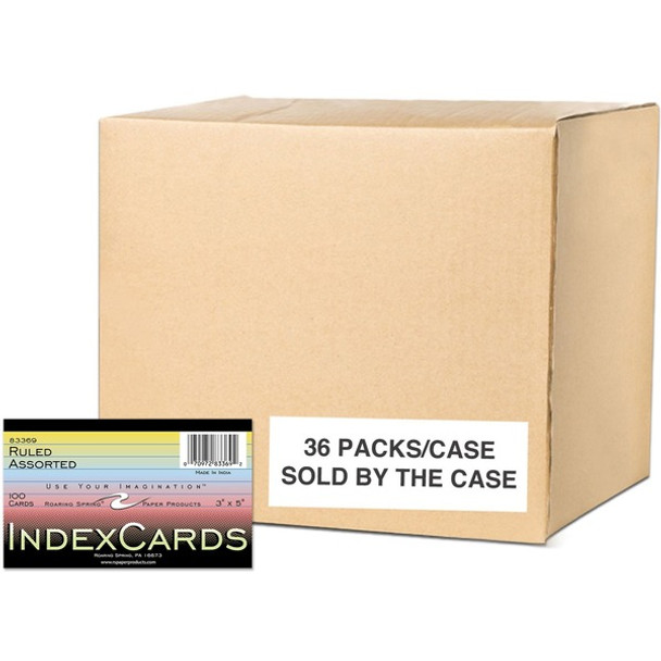 Roaring Spring Colored Index Cards - 100 Sheets - 200 Pages - Printed - Both Side Ruling Surface - 43 lb Basis Weight - 160 g/m&#178; Grammage - 5" x 3" - 0.75" x 5" x 3" - Blue, Pink, Green, Canary Paper - 36 / Carton