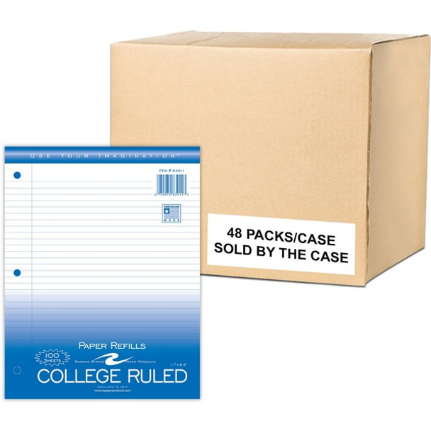 Roaring Spring College Ruled Filler Paper - 100 Sheets - 200 Pages - Printed - Both Side Ruling Surface - Red Margin - 3 Hole(s) - 15 lb Basis Weight - 56 g/m&#178; Grammage - 11" x 8 1/2" - 0.30" x 8.5" x 11" - White Paper - 48 / Carton