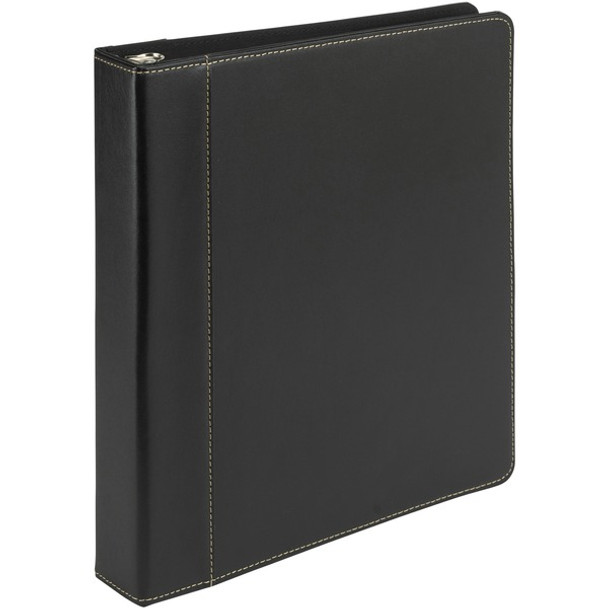 Samsill Contrast Stitch Leather Ring Binder - 1" Binder Capacity - Letter - 8 1/2" x 11" Sheet Size - 200 Sheet Capacity - 1" Ring - Round Ring Fastener(s) - 2 Internal Pocket(s) - Bonded Leather, LeatherGrain - Black - Durable, Spine, Rivet - 1 Each