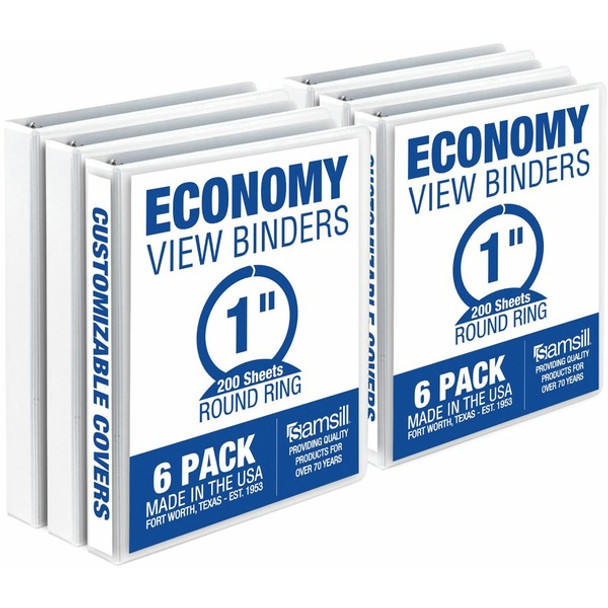 Samsill Economy View Binder - 1" Binder Capacity - 200 Sheet Capacity - 3 x Round Ring Fastener(s) - Polypropylene, Chipboard, Plastic - White - 4.02 lb - Recycled - Customizable Spine/Cover, Clear Overlay, Non-stick, Non-glare - 6 / Carton