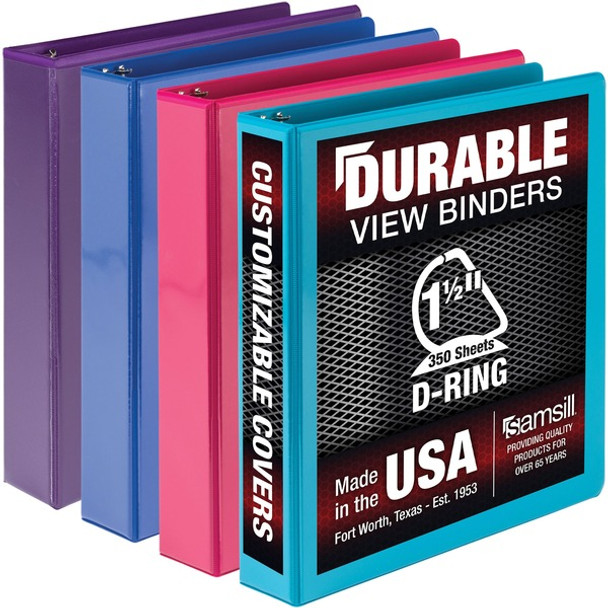 Samsill Durable View Binders - 1 1/2" Binder Capacity - 350 Sheet Capacity - D-Ring Fastener(s) - Chipboard, Polypropylene - Assorted - Recycled - Clear Overlay, Durable, Non-glare, PVC-free, Non-stick, Ink-transfer Resistant - 4 / Pack