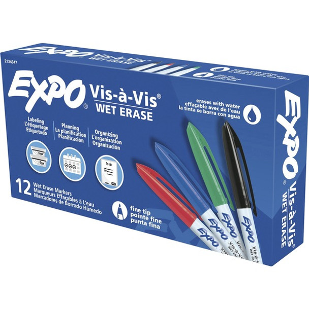 Expo Vis-A-Vis Wet-Erase Markers - Fine Marker Point - Black, Red, Green, Blue - 1 / Dozen