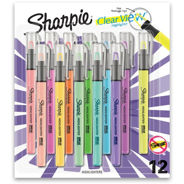 Sharpie Clear View Highlighter - Fine Marker Point - Chisel Marker Point Style - Assorted - Assorted Barrel - 12 / Pack