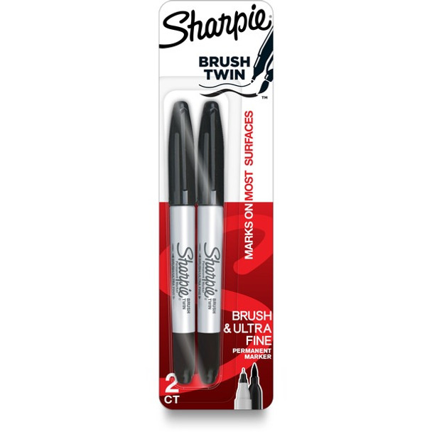 Sharpie Brush Twin Permanent Markers - Ultra Fine Marker Point - Brush Marker Point Style - Black - 2 / Pack