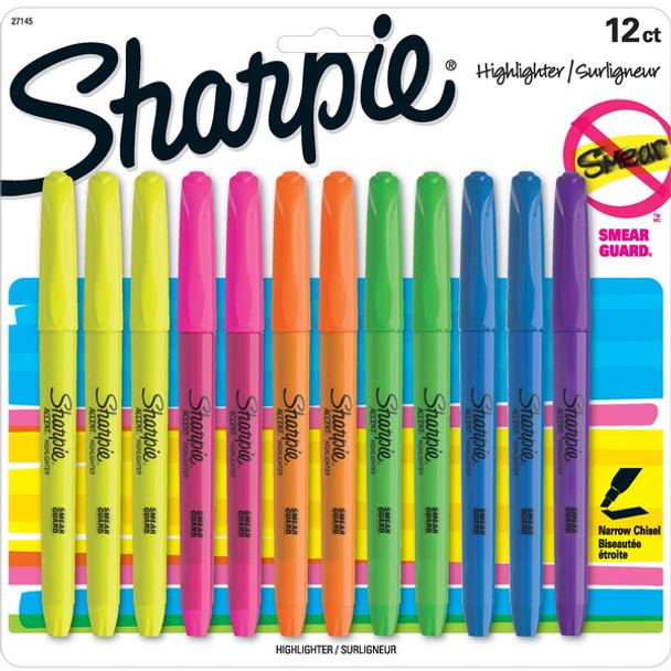 Sharpie Accent Highlighter - Pocket - Chisel Marker Point Style - Fluorescent Yellow, Fluorescent Green, Fluorescent Pink, Blue, Fluorescent Orange, Lavender - 12 / Set