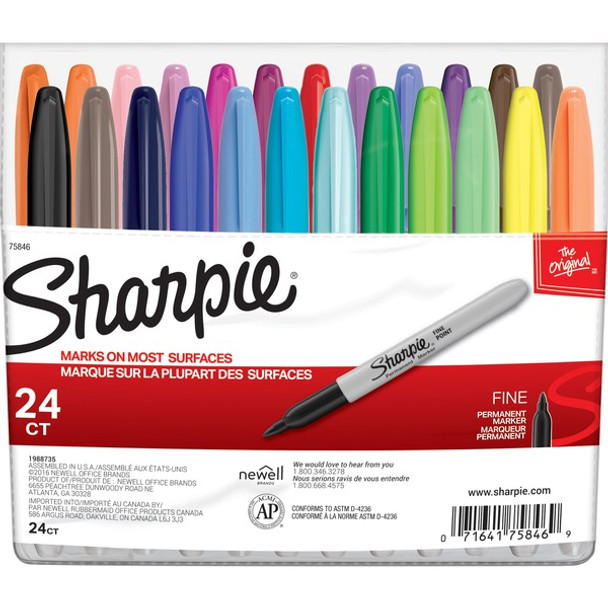 Sharpie Fine Point Permanent Marker - Fine Marker Point - 1 mm Marker Point Size - Black, Blue, Red, Green, Yellow, Purple, Brown, Orange, Berry, Lime, Aqua, ... Alcohol Based Ink - 24 / Set