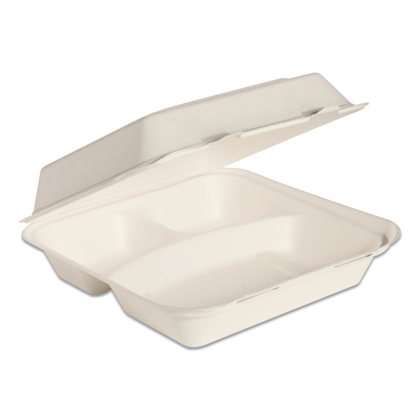 Bare Eco-Forward Bagasse Hinged Lid Containers, ProPlanet Seal, 3-Compartment, 9.6 x 9.4 x 3.2, Ivory, Sugarcane, 200/Carton