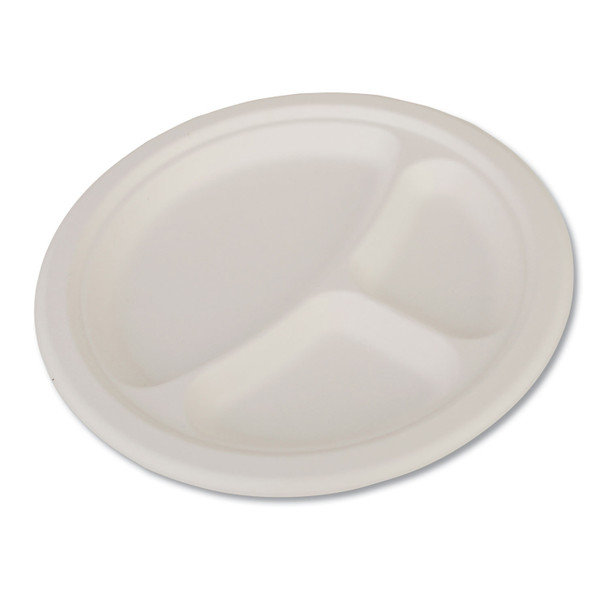 ChampWare Heavyweight Bagasse Dinnerware, Plate, 3-Compartment, 10" dia, White, 500/Carton