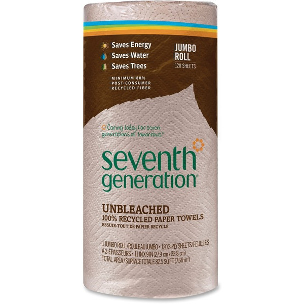 Seventh Generation 100% Recycled Paper Towels - 2 Ply - 11" x 9" - 120 Sheets/Roll - Brown - Paper - Fragrance-free, Dye-free, Ink-free, Unbleached - For General Purpose - 1 Roll