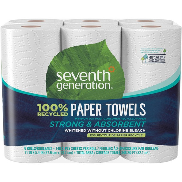 Seventh Generation 100% Recycled Paper Towels - 2 Ply - 11" x 5.40" - 140 Sheets/Roll - White - Paper - Absorbent, Strong, Dye-free, Fragrance-free, Non-chlorine Bleached - For Home, School, Office - 6 / Pack