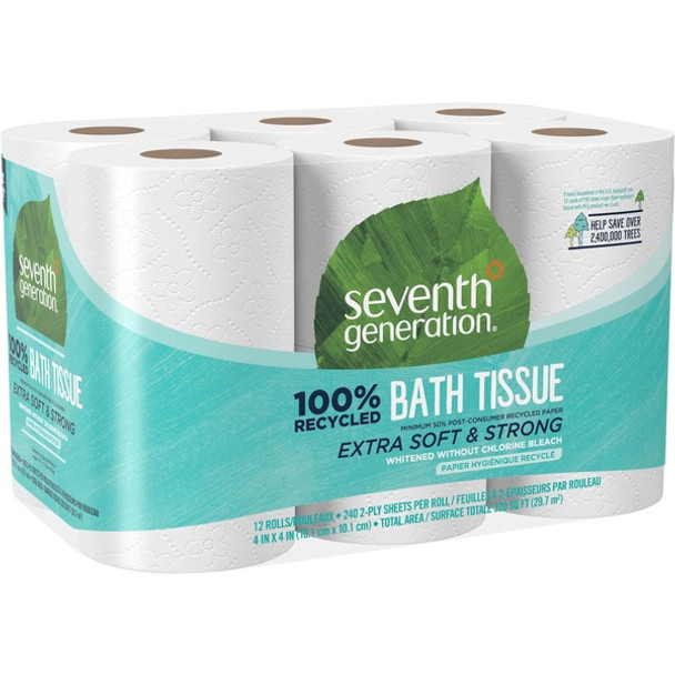 Seventh Generation 100% Recycled Bathroom Tissue - 2 Ply - 4" x 4" - 240 Sheets/Roll - White - Paper - Dye-free, Fragrance-free, Non-chlorine Bleached - For Bathroom - 12 / Pack
