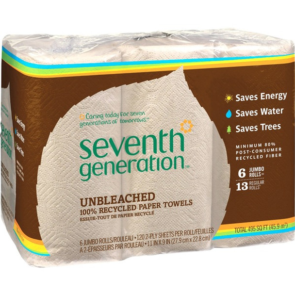 Seventh Generation 100% Recycled Paper Towels - 2 Ply - 11" x 9" - 120 Sheets/Roll - Natural - Paper - Unbleached, Chlorine-free, Fragrance-free, Dye-free, Ink-free, Absorbent - For Kitchen, Household - 6 Per Pack - 4 / Carton