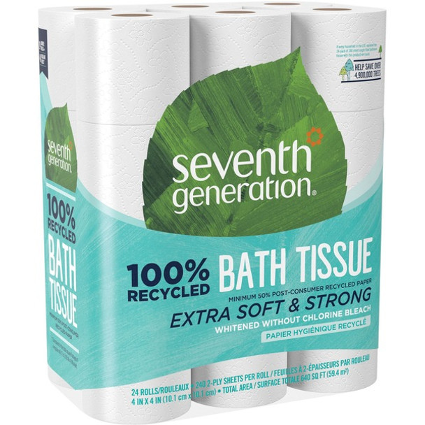 Seventh Generation 100% Recycled Bathroom Tissue - 2 Ply - 240 Sheets/Roll - White - Paper - Soft, Chlorine-free, Dye-free, Fragrance-free - For Bathroom - 24 / Pack