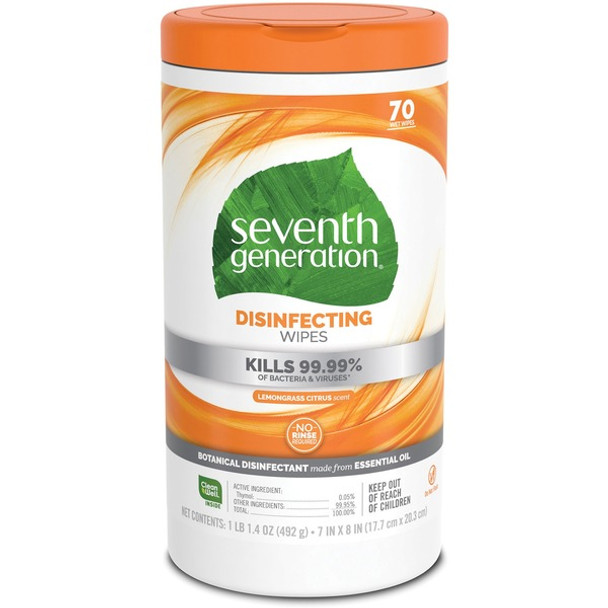 Seventh Generation Disinfecting Cleaner - Lemongrass Citrus Scent - 8" Length x 7" Width - 70 / Canister - 6 / Carton