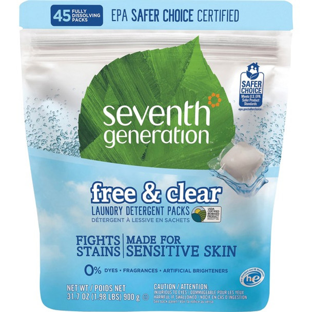 Seventh Generation Laundry Detergent - For Laundry - Citrus & Cedar, Free & Clear Scent - 45 / Packet - 8 / Carton - Non-toxic - White