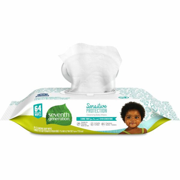 Seventh Generation Baby Wipes - 2 Ply - Natural - Paper - Alcohol-free, Hypoallergenic, Fragrance-free, Dye-free, Eco-friendly, Chlorine-free, Phthalate-free, Paraben-free - 64 Per Pack - 1 / Pack