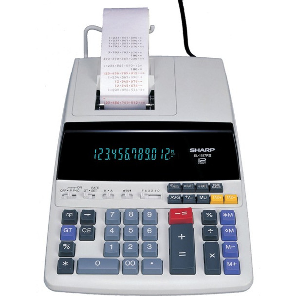 Sharp EL-1197PIII 12 Digit Commercial Printing Calculator - Dual Color Print - 4.3 lps - Calendar, Clock, Item Count, Double Zero - 12 Digits - Fluorescent - AC Supply Powered - 8.5" x 10.5" x 2.8" - White - 1 Each