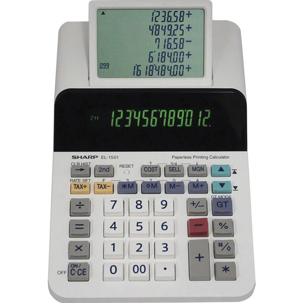 Sharp EL-1501 12-digit Printing Calculator - LCD Display, Compact, 4-Key Memory, Paperless Printing, Cordless - 12 Digits - LCD - Battery Powered - 4 - AA - 2" x 5.8" x 8.5" - White - Desktop - 1 Each