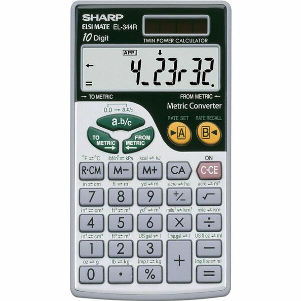 Sharp Calculators EL-344RB 10-Digit Handheld Calculator - 3-Key Memory, Sign Change, Auto Power Off - Battery/Solar Powered - Battery Included - 0.3" x 2.7" x 4.7" - Gray, Black - 1 Each