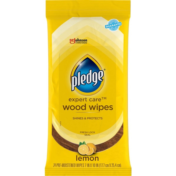 Pledge Lemon Enhancing Polish Wipes - Lemon Scent - 10" Length x 7" Width - 24 / Pack - Yellow