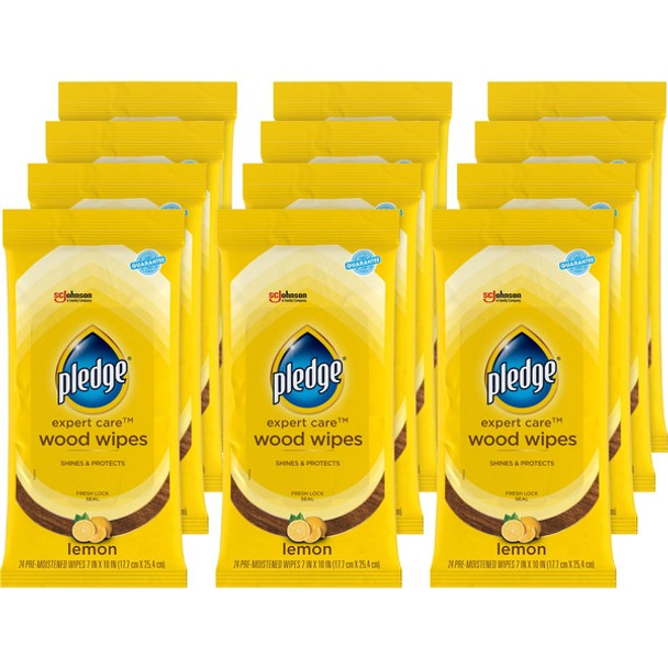 Pledge Lemon Enhancing Polish Wipes - Lemon Scent - 10" Length x 7" Width - 24 / Pack - 12 / Carton - Yellow