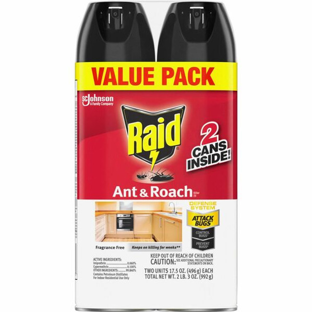 Raid Ant & Roach Killer Spray - Spray - Kills Cockroaches, Ants, Silverfish, Water Bugs, Palmetto Bug, Carpet Beetle, Earwig, Spider, Lady Beetle, Black Widow Spider - 1.09 lb - Red - 2 / Pack