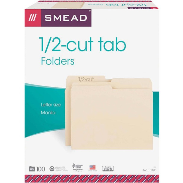 Smead 1/2 Tab Cut Letter Recycled Top Tab File Folder - 8 1/2" x 11" - 3/4" Expansion - Top Tab Location - Assorted Position Tab Position - Manila - 10% Recycled - 100 / Box