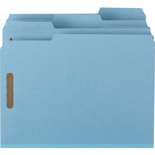 Smead 1/3 Tab Cut Letter Recycled Fastener Folder - 8 1/2" x 11" - 125 Sheet Capacity - 1" Expansion - 2 x 2K Fastener(s) - Assorted Position Tab Position - Pressboard - Blue - 100% Recycled - 25 / Box