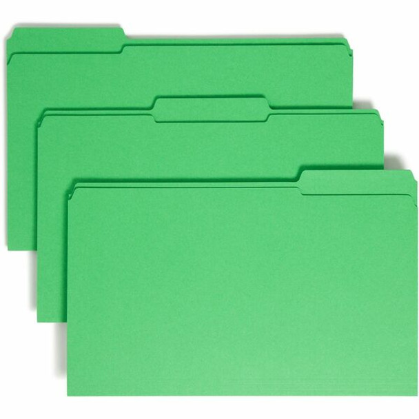 Smead Colored 1/3 Tab Cut Legal Recycled Top Tab File Folder - 8 1/2" x 14" - Top Tab Location - Assorted Position Tab Position - Green - 10% Recycled - 100 / Box