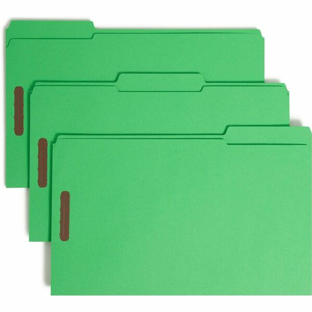 Smead Colored 1/3 Tab Cut Legal Recycled Fastener Folder - 8 1/2" x 14" - 3/4" Expansion - 2 x 2K Fastener(s) - 2" Fastener Capacity for Folder - Top Tab Location - Assorted Position Tab Position - Green - 10% Recycled - 50 / Box