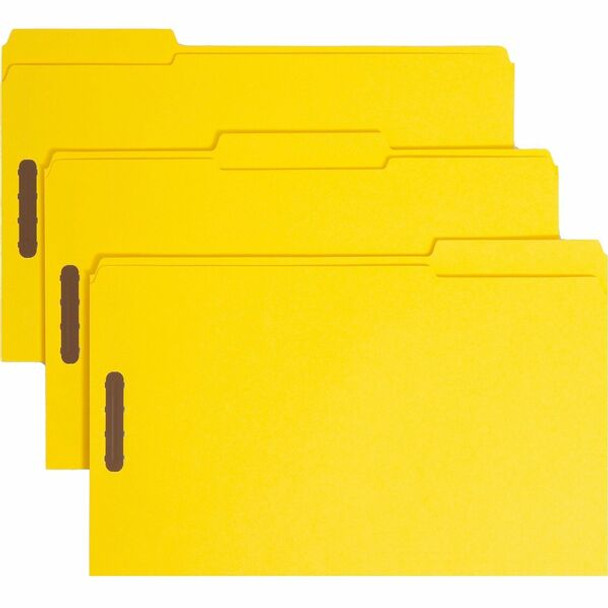 Smead Colored 1/3 Tab Cut Legal Recycled Fastener Folder - 8 1/2" x 14" - 2 x 2K Fastener(s) - 2" Fastener Capacity for Folder - Top Tab Location - Assorted Position Tab Position - Yellow - 10% Recycled - 50 / Box