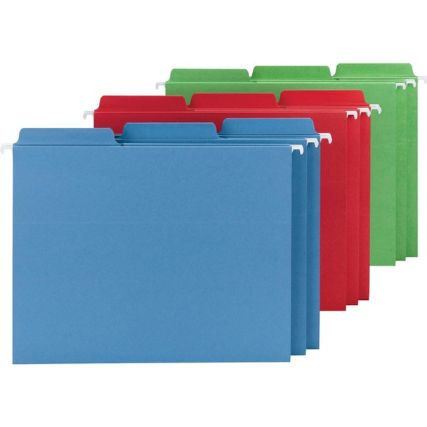 Smead FasTab 1/3 Tab Cut Letter Recycled Hanging Folder - 8 1/2" x 11" - Top Tab Location - Assorted Position Tab Position - Blue, Green, Red - 10% Recycled - 18 / Box