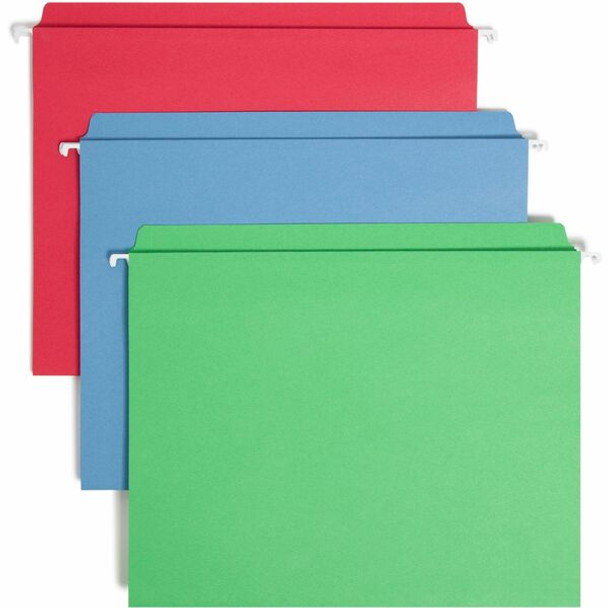 Smead FasTab Straight Tab Cut Letter Recycled Hanging Folder - 8 1/2" x 11" - Assorted Position Tab Position - Blue, Green, Red - 10% Recycled - 18 / Box