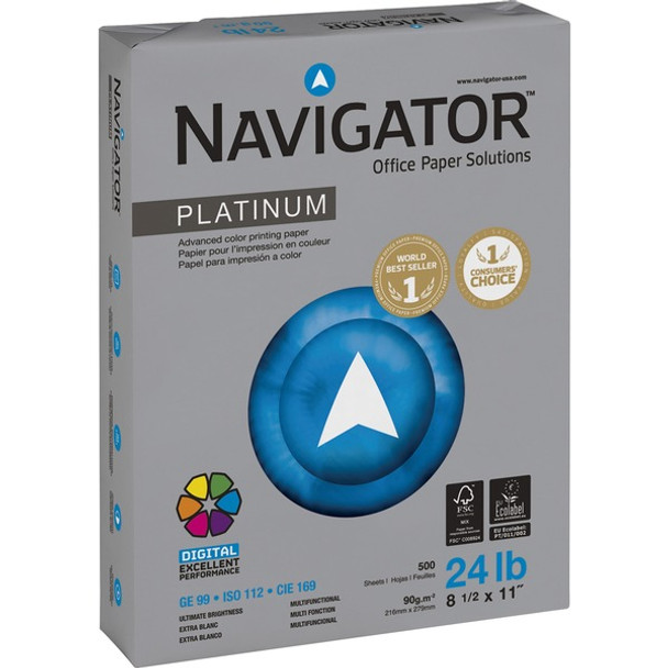 Navigator Platinum Office Multipurpose Paper - 99 Brightness - Letter - 8 1/2" x 11" - 24 lb Basis Weight - Smooth - 2500 / Carton - Jam-free - Bright White