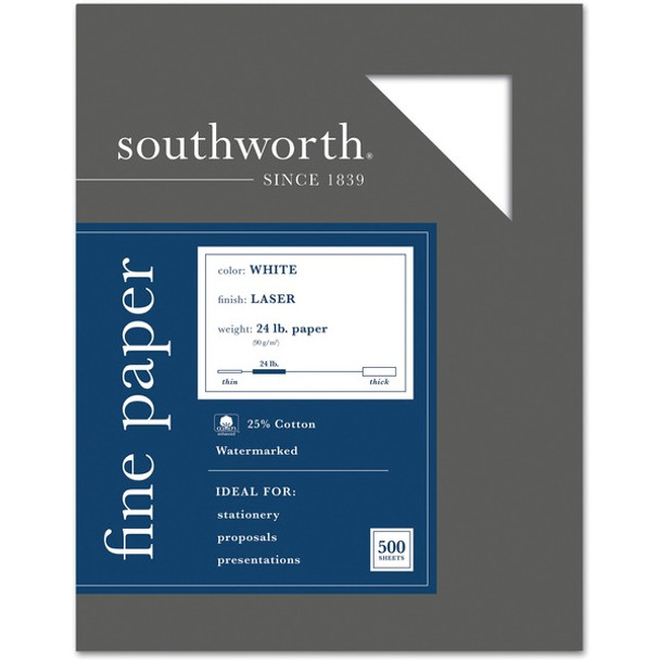 Southworth Laser Paper - White - Letter - 8 1/2" x 11" - 24 lb Basis Weight - Extra Smooth - 500 / Box - Acid-free, Watermarked, Date-coded, Superior Image Reproduction - White