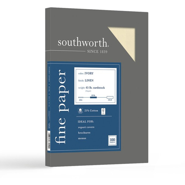 Southworth 25% Cotton Linen Business Cover Stock - Letter - 8 1/2" x 11" - 65 lb Basis Weight - Linen, Textured - 100 / Box - Acid-free, Lignin-free - Ivory