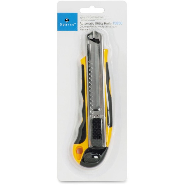 Sparco Automatic Utility Knife - Metal Blade - Heavy Duty - Acrylonitrile Butadiene Styrene (ABS) - Black, Yellow - 1 Each