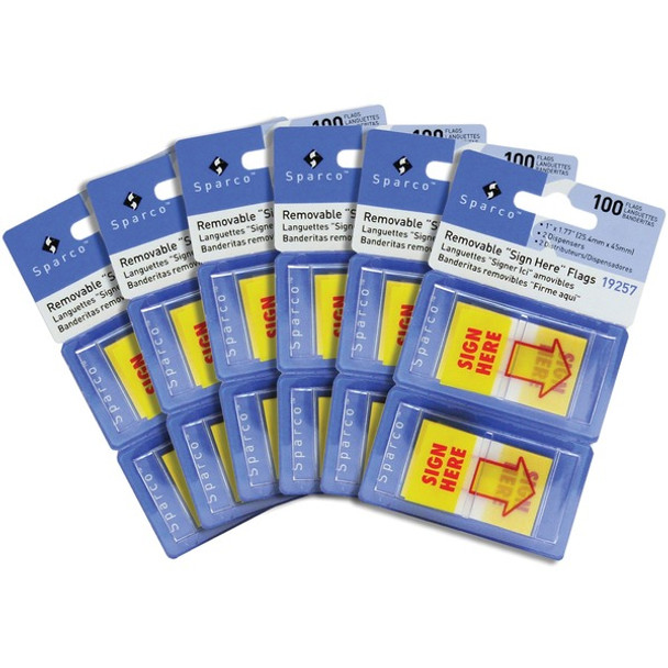 Sparco Pop-up Sign Here Flags in Dispenser - 1" x 1.75" - Yellow - Self-stick - 600 / Box