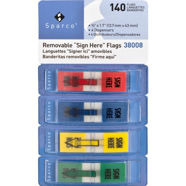 Sparco "Sign Here" Preprinted Self-stick Flags - 0.50" x 1.75" - Rectangle - "SIGN HERE" - Assorted - Removable, Self-adhesive - 1 / Pack