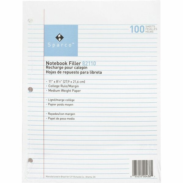 Sparco Notebook Filler Paper - Letter - 100 Sheets - Ruled Red Margin - 16 lb Basis Weight - Letter - 8 1/2" x 11" - White Paper - Subject - 100 / Pack