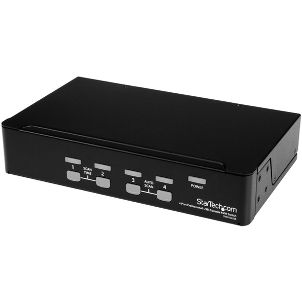 StarTech.com 4 Port 1U Rackmount USB PS/2 KVM Switch with OSD - This USB+PS/2 4 port KVM Switch lets you control multiple PS/2 or USB-controlled computers from a single console (USB keyboard, USB mouse, monitor)